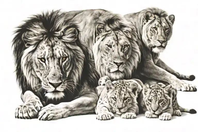 Lion And Cubs Family Posing