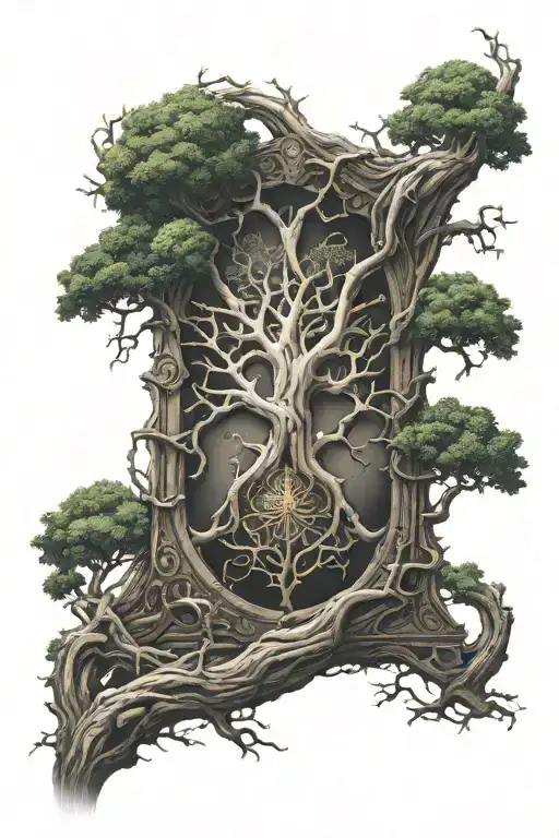 Cryptic Giant Shield Growing Out Of A Twisted Lovcraftian Tree Of Life