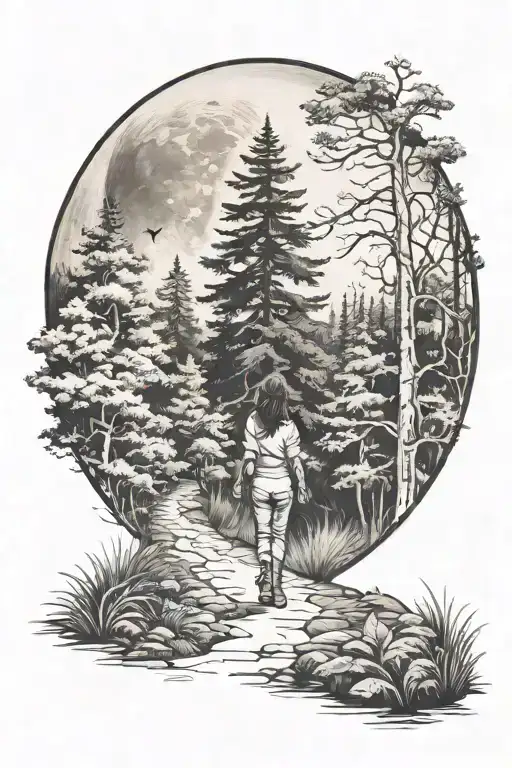 Woman Walking Path Into Forest With Moon
