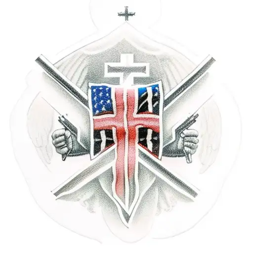 Soldier Kneeling By Cross With American Flag Background