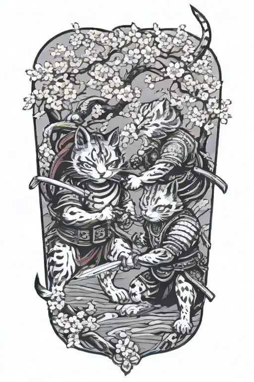 Two Samurai Warrior Cats Fighting Stance Surrounded By Cherry Blossoms
