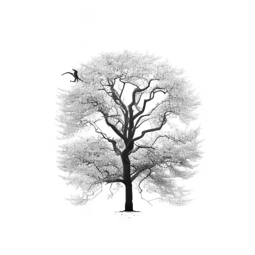 Tree With A Man And His Dog Beside In Black Silhouette