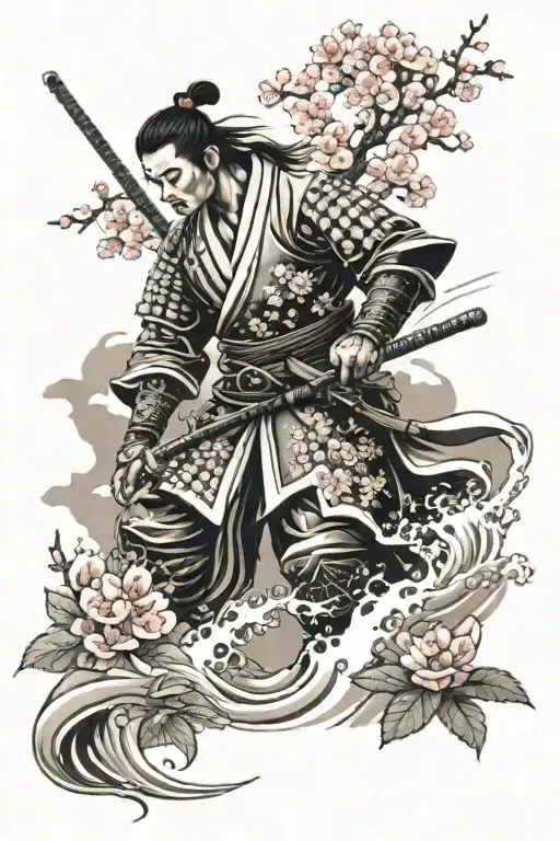Japanese Samurai Standing In Water With Cherry Blossom Background