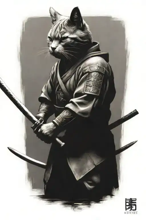Head To Toe Russian Blue Cat Samurai Warrior Battling