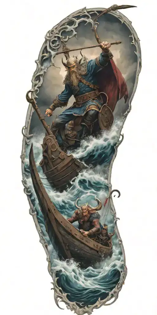 A Sinister Depiction Of A Devil Riding A Viking Ship Through Stormy Seas