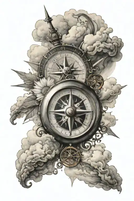Compass Surrounded By Clouds And The Sun In The Back