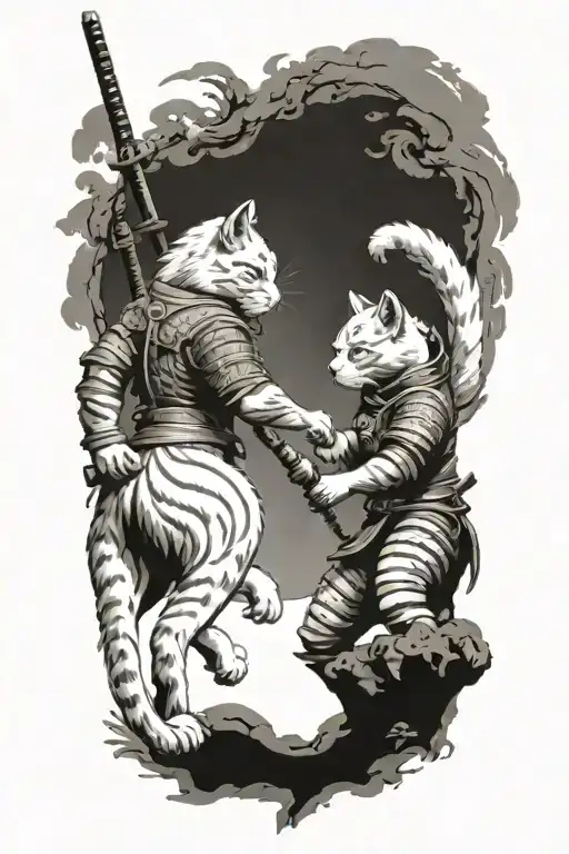 Two Samurai Warrior Cats Standing Fighting As A Team