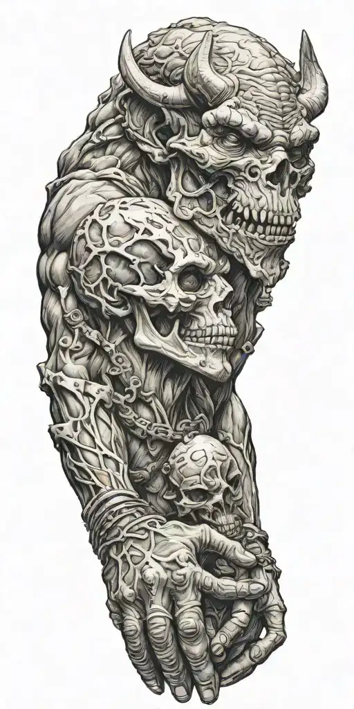 Minotaur Head Holding Alien Skull In Hands