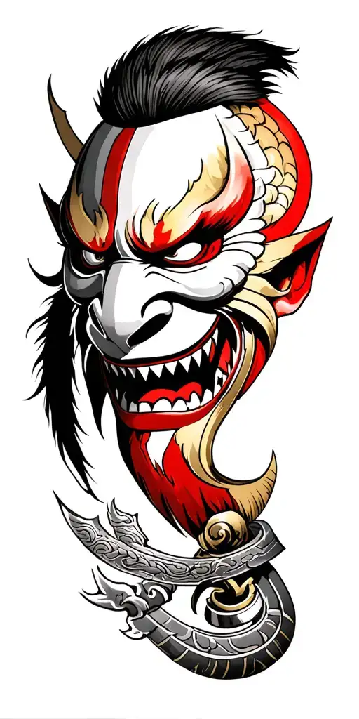 Oni Mask With A Samurai Warrior Wielding