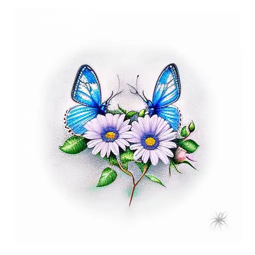 Rose And Daisy With Two Blue Butterflies