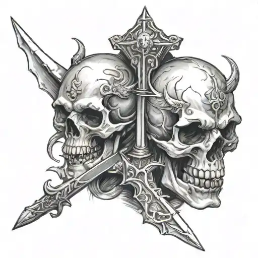 Skull And Demon Half Angel Holding A Sword