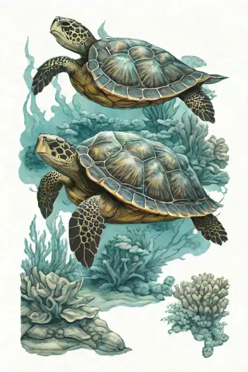 Turtle Swimming With Stingray In Coral Reef