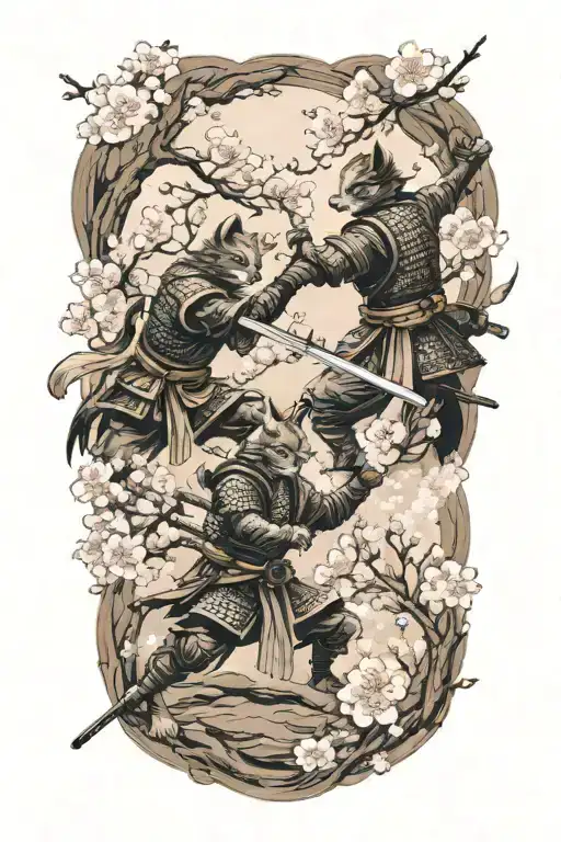 Two Samurai Warrior Cats Fighting Stance Surrounded By Cherry Blossoms