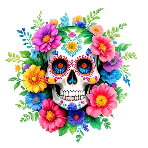 Colorful Sugar Skull Surrounded With Flowers Growing