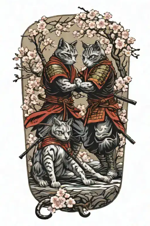 Two Samurai Warrior Cats Fighting Stance Surrounded By Cherry Blossoms