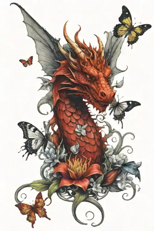 Red Dragon In A Flower Bunch With Butterflies