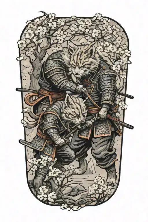Two Samurai Warrior Cats Fighting Stance Surrounded By Cherry Blossoms