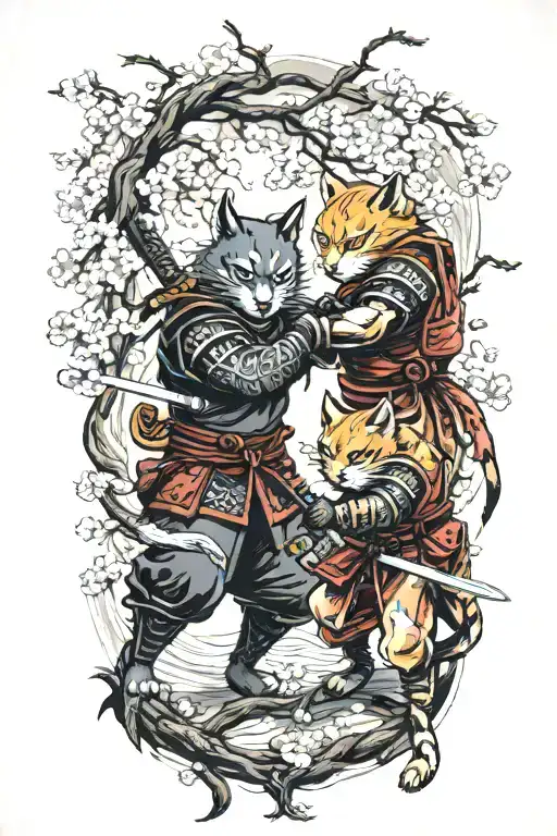 Two Samurai Warrior Cats Fighting Stance Surrounded By Cherry Blossoms