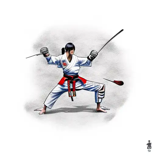 Taekwondo Fighter Wielding A Sword In A Japanese Garden