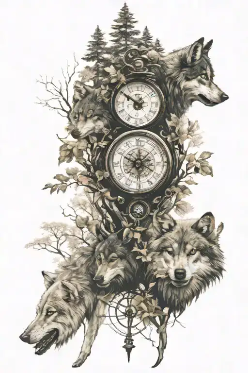 Wolves And Forest And Compass And Clocks