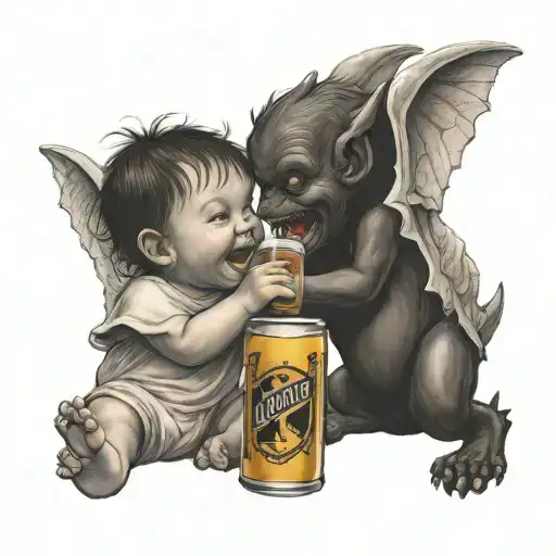 Little Angel And Little Devil Laughing Together Drinking A Beer