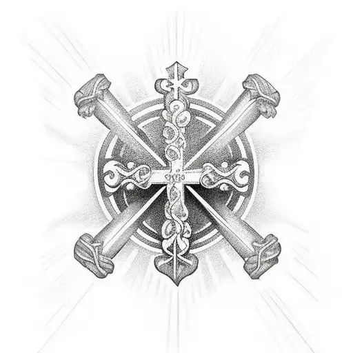 Christian Cross With 3 Scroll Banners Around It And Black Shadow