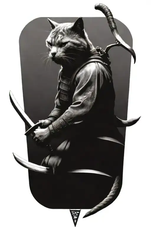 Head To Toe Grey Cat Samurai Warrior Battling Each Other