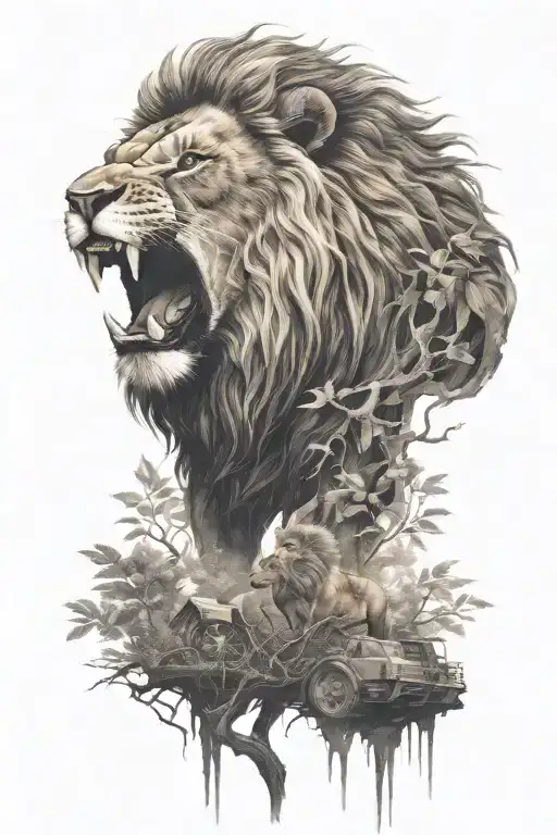 A Mechanical Lion Roaring In The Forest Scene Featuring