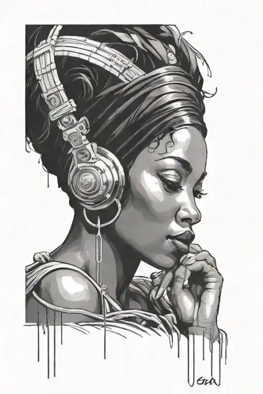 Black Woman Vibing To Music Dark Rainy Night Art Deco Noir
