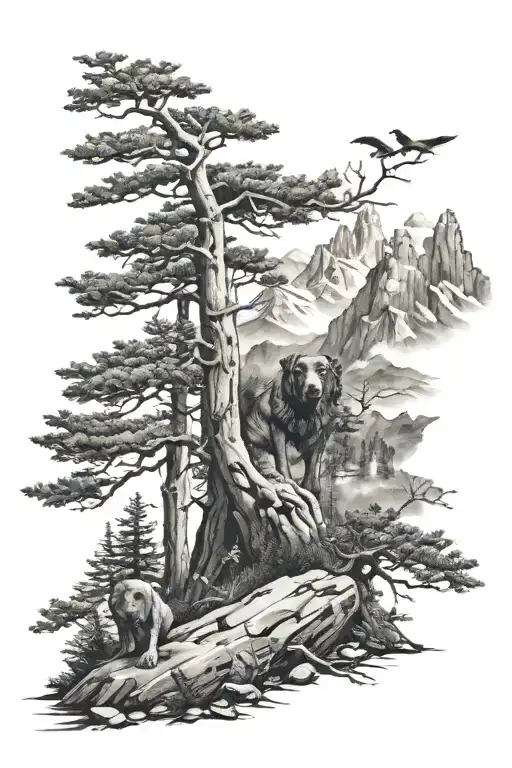 Mountain Tree And Dog Paw