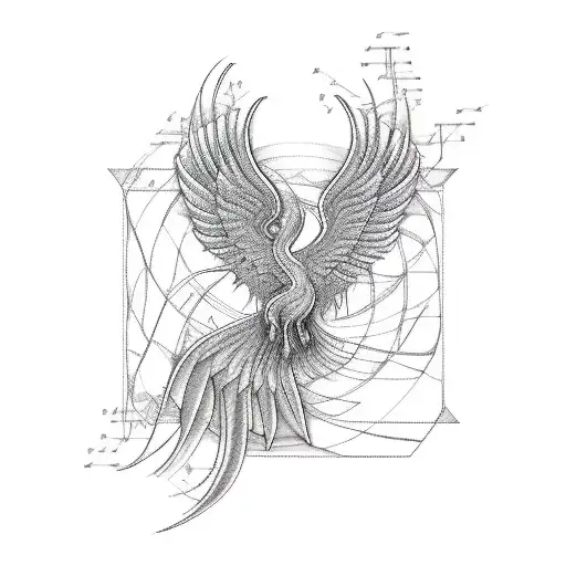 Combine A Phoenix And A Construction Blueprint With Musical Staff Lines Intertwined
