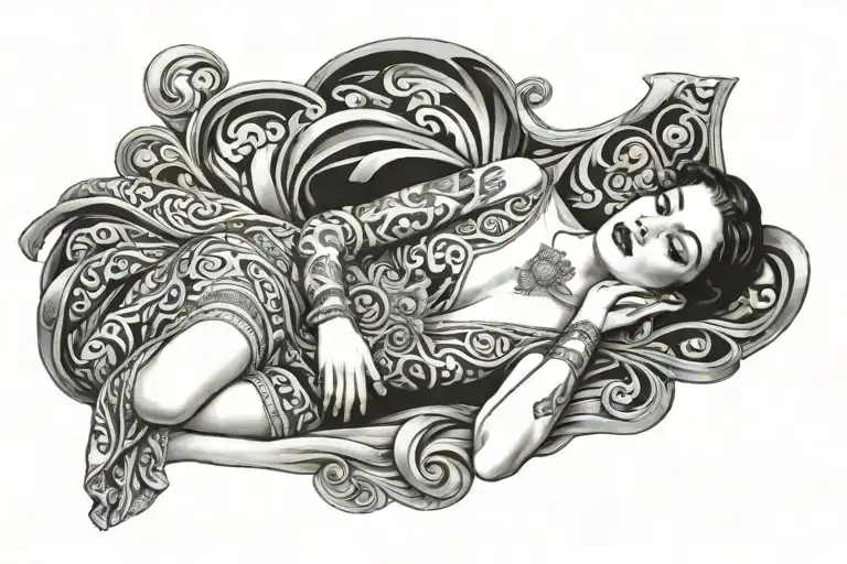 Woman In Love Wearing Long Fabric Laying Down Art Deco