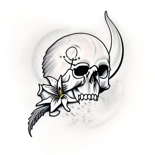 Crescent Moon With Ravens Skull Holding A Lily