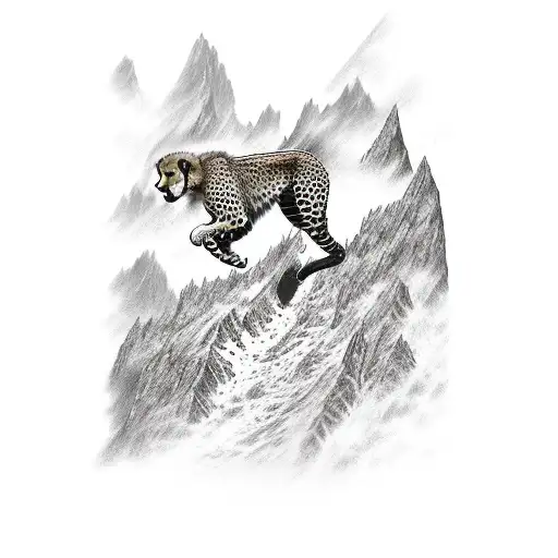 A Cheetah Leaping Over A Mountain Range With A Butterfly Perched On Its Back In A Black-grey Style