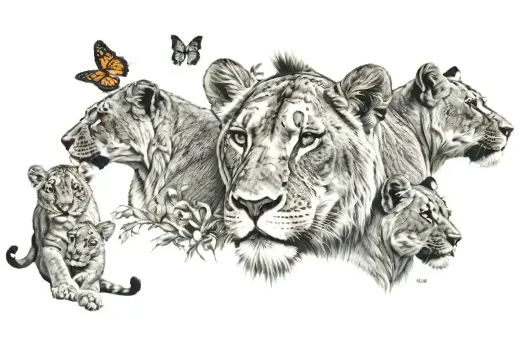 Lioness And 5 Cubs With Crown And Butterflys Flying