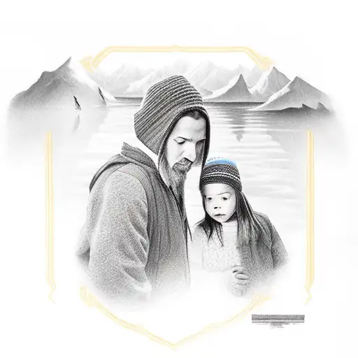 Dad With Two Daughters In Forrest Looking Over Lake