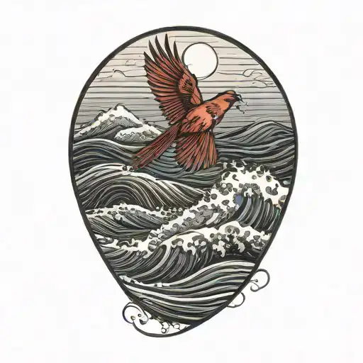 Single Flying Cardinal Over The Ocean Wave