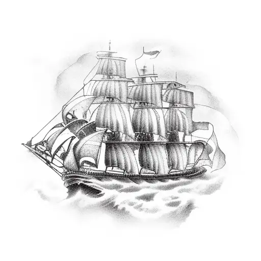 Rustic Pirate Ship With Roman Symbols On The Sails An Waves Crashing Up Against The Ship