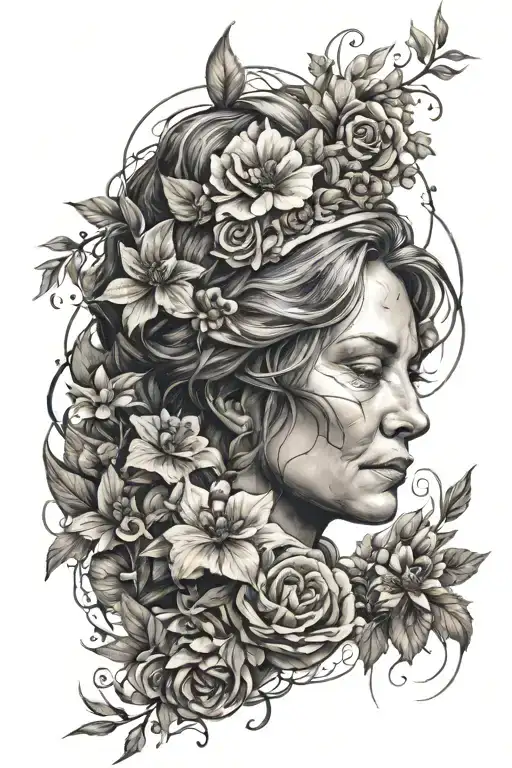 A Realistic Portrait Of A Mother Figure Surrounded By Flowers And A Subtle Cross Design