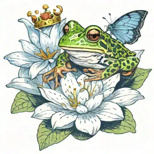 An Frog Wearing A Crown Sitting On A Flower Lily Pad With A Blue Butterfly On The Frogs Nose