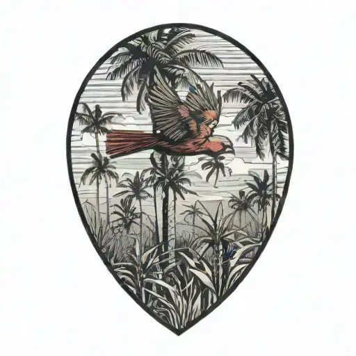 A Cardinal Flying Over A Small Corn Feild Surrounded By Palm Trees