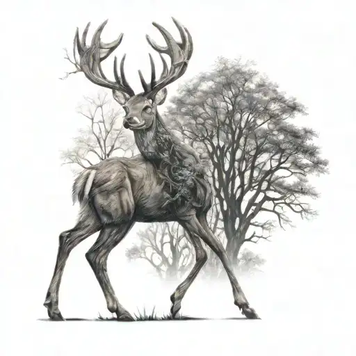Dark Mythical Forrest With Deer Standing Proudly
