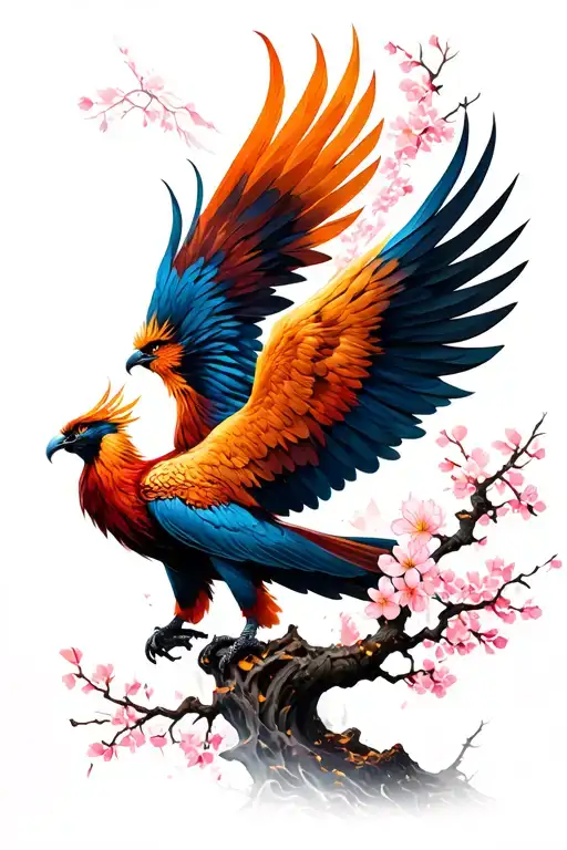 Phoenix Riding From Ashes And Cherry Blossom Tree
