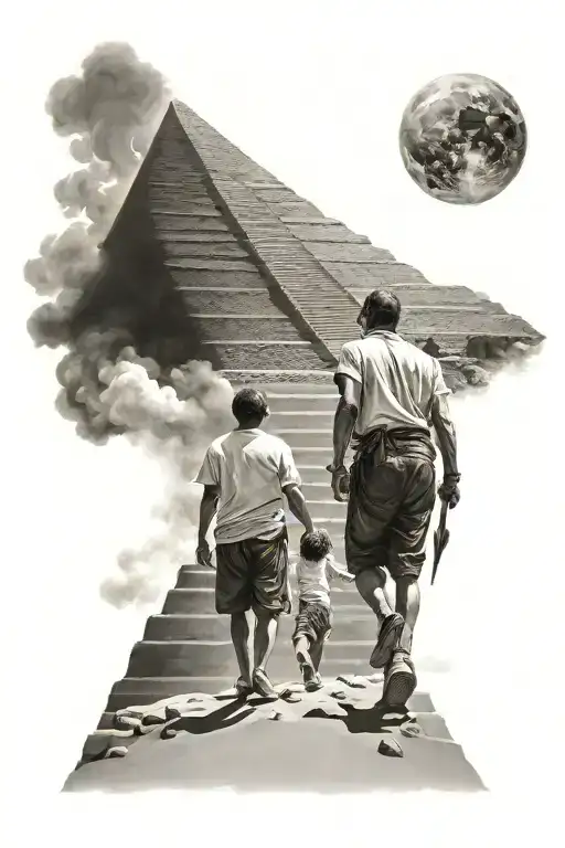 Father And Son Walking Up A Pyramid Into The Heavens