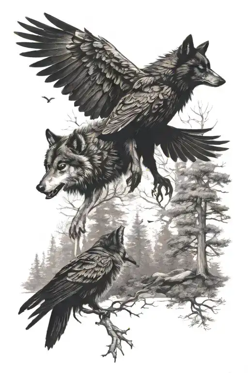 Wolf Coming Out Of Woods And A Raven Flying Up From Behind It