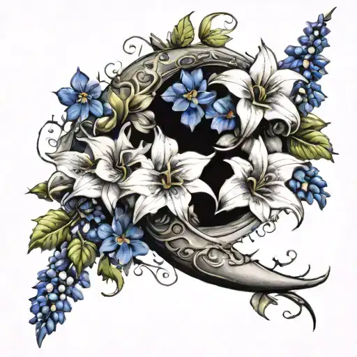 Crescent Moon Covered In Larkspur Flowers Tattoo