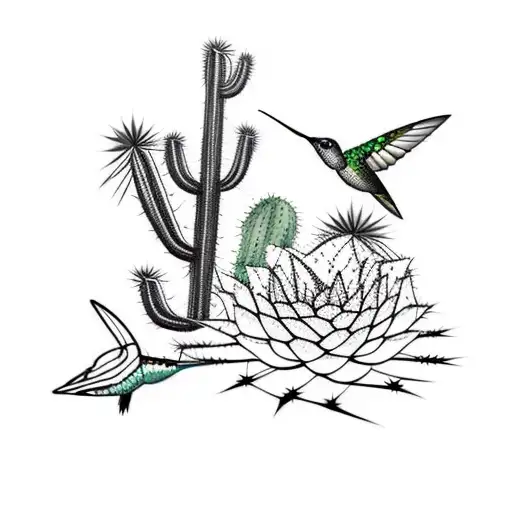 Cactus And Hummingbird In A Minimalist Line Art Style