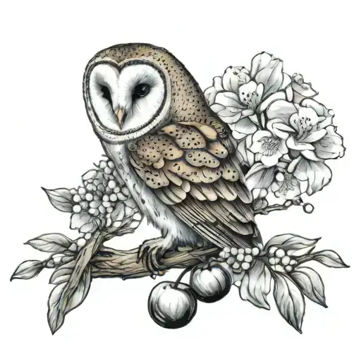 Barn Owl Perched On A Cherry Blossum Branch