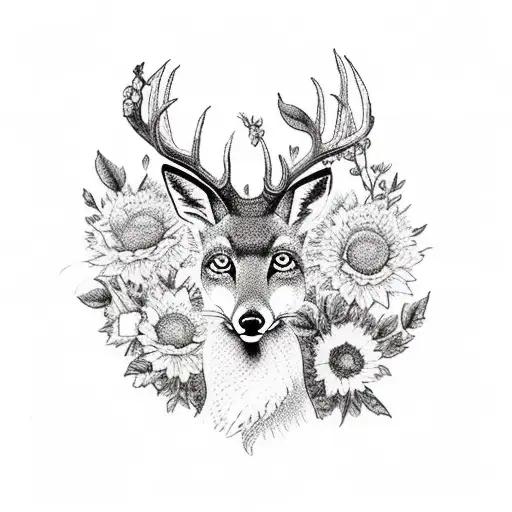 Deer With Fox And Flowers