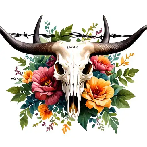 Longhorn Skull With Barbed Wire And Flowers